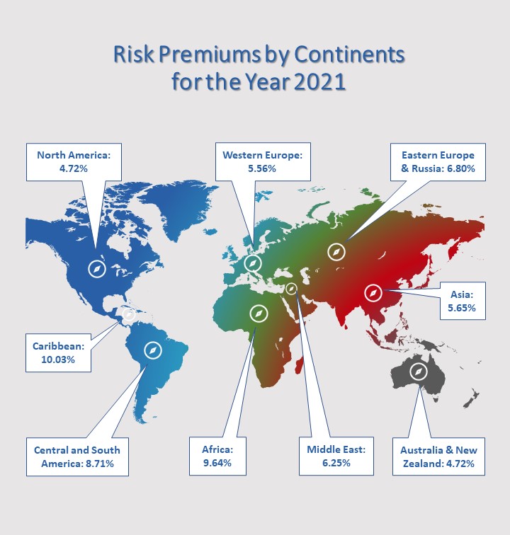 the world map containing the equity risk premiums in different continents and regions